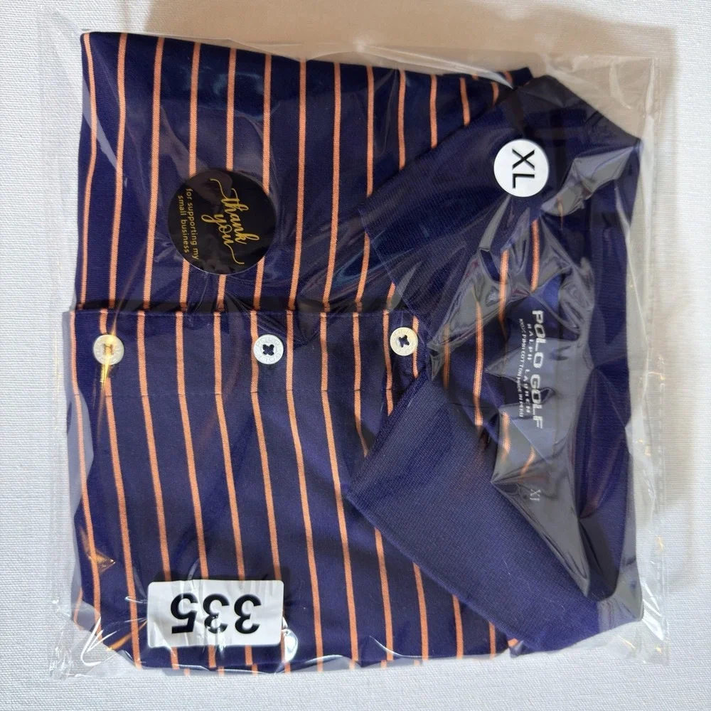 Ralph Lauren Polo Golf XL Striped Orange Navy Pima Preppy Club Men Shirt